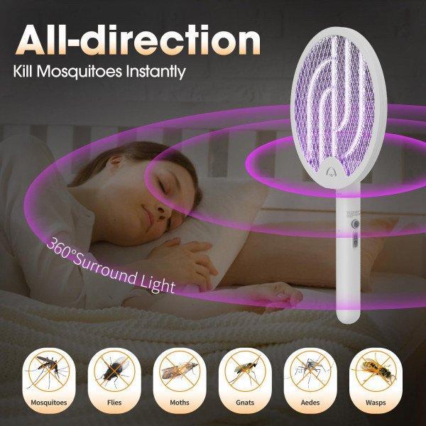 Foldable Electric Mosquito Swatter with 360° Rotating Handle - Portable Bug Zapper for Home, Office & Outdoor Use - White