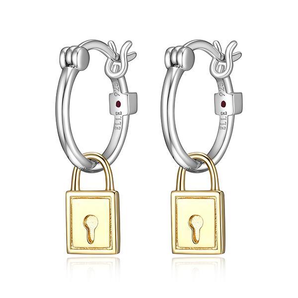 ER2LCGFA0-2T Sterling Silver LOCK AND KEY Square Lock Dangle Hoop Two Tone Earrings