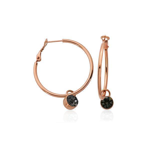 CJ Steelx IP Rose 35mm Stainless Steel Hoop Earring with Removable Black Swarovski Crystal Charm