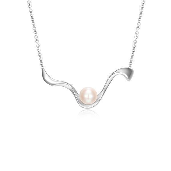 NR0LBYN-W "Luna" Genuine White Pearl Wavy Pendant Necklace
