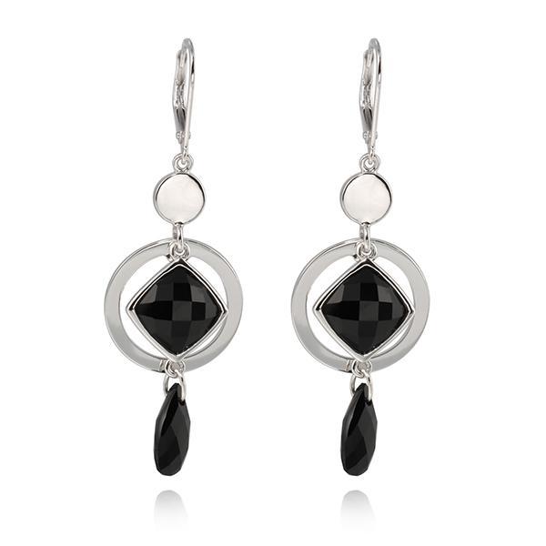 ER2LBF327-W Sterling Silver Black Agate Dangle Leverback Earrings