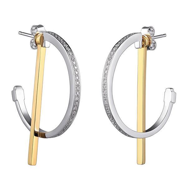 ER2LC6A97-2T Sterling Silver 28mm Half Hoop and Bar 2 in 1 Two Tone Post Earrings