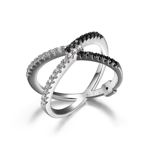 RR4LA8VGK-W-7 Sterling Silver Cubic Zirconia and Black Nano Criss Cross Ring. Size 7