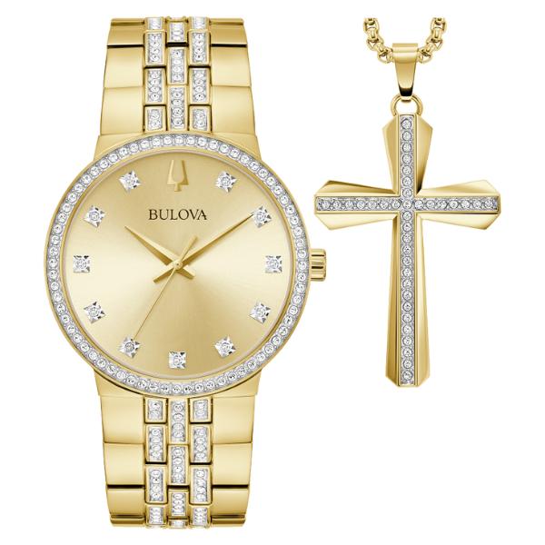 98K113 Crystal Quartz Men  Watch and Cross Pendant Necklace Box Set