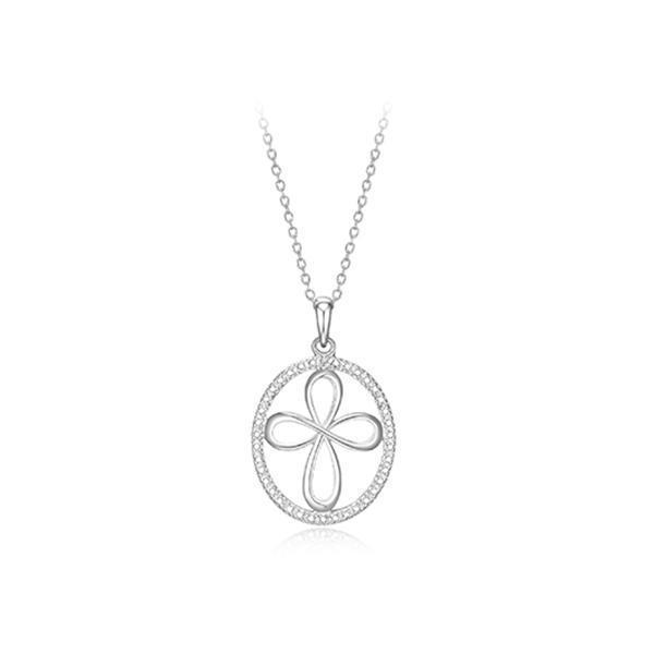 Sterling Silver Oval Cross Cubic Zirconia Pendant - Silver