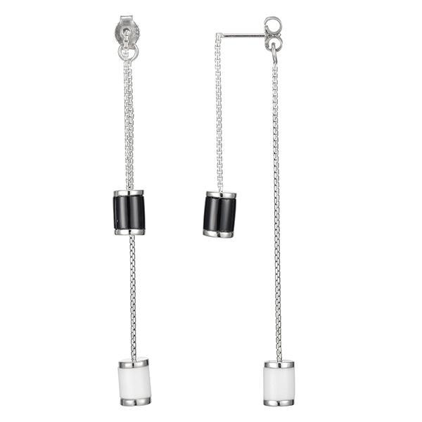 ER2LBY697-W Sterling Silver White and Black Agate Front and Back Dangle Post Earrings