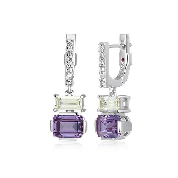 ER2LCTV49-W Sterling Silver PUZZLE Alexandrite and Yelllow Created Sapphire Cubic Zirconia Hoop Earrings