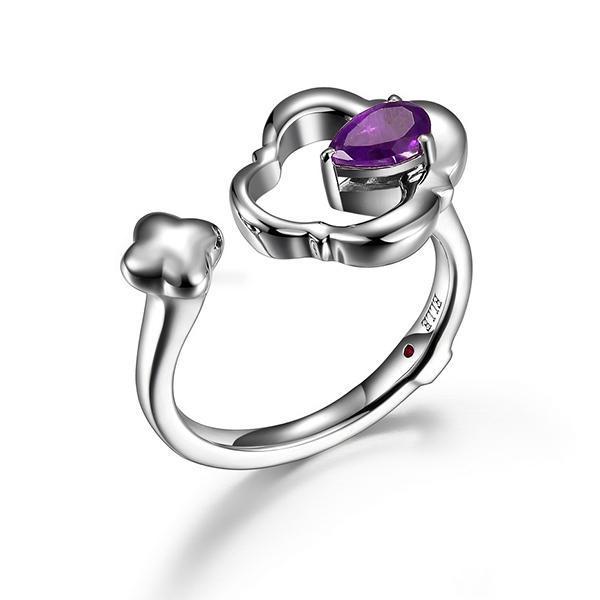 RR4LA7H13-W-7 Sterling Silver Pear Cut Genuine African Amethyst Clover Open Ring Size 7