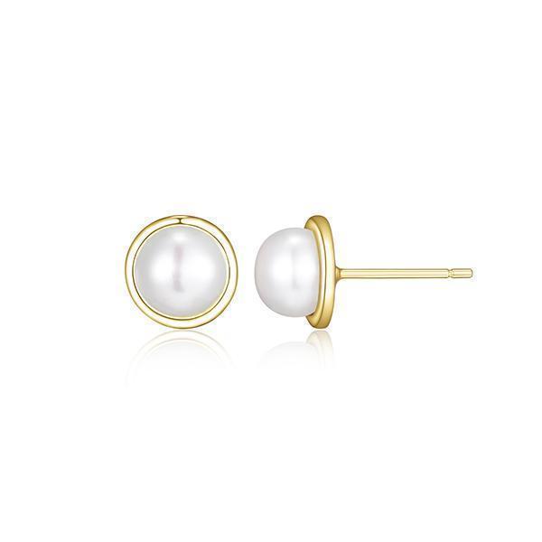 7mm Round Genuine Pearl Stud Earrings in Sterling Silver - Gold