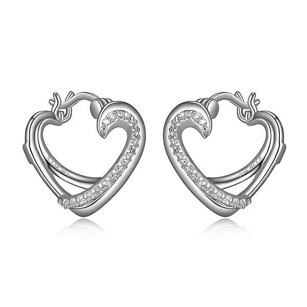 ER2LCD300-W Sterling Silver AMOUR Heart Cubic Zirconia Hoop Earrings
