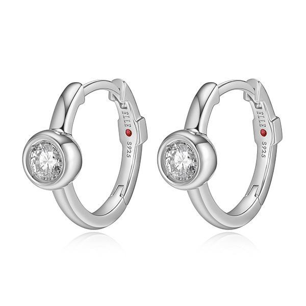 ER2LCFM00-W Sterling Silver BUBBLE 4mm Round Cubic Zirconia Bezel Set 15mm Hoop Earrings