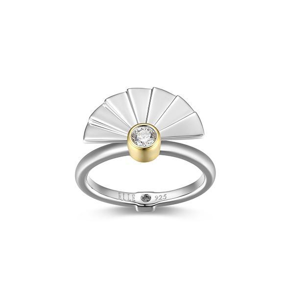 RR4LAJC00-2T-8 Sterling Silver PLEAT Bezel Set Cubic Zirconia Fan Shape Two Tone Ring Size 8