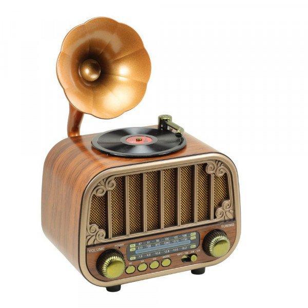 Classic Phonograph Design Bluetooth Speaker with Built-In FM Radio - Brown
