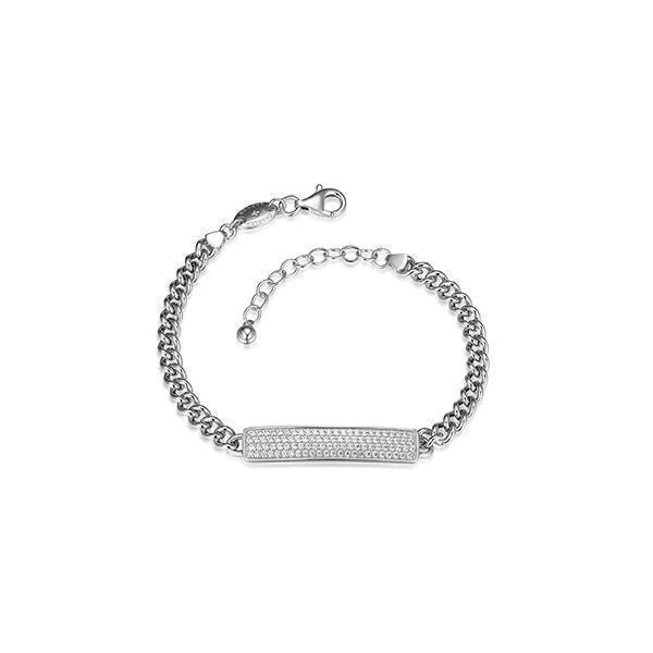 BR1Q1CZ-W Sterling Silver "Cuban Link" Curb Chain Link with Diamondlite ID Bracelet