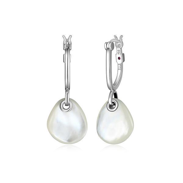 ER2LCQKA9-W Sterling Silver PEBBLE White Mother of Pearl Pear Drop hoop Earrings