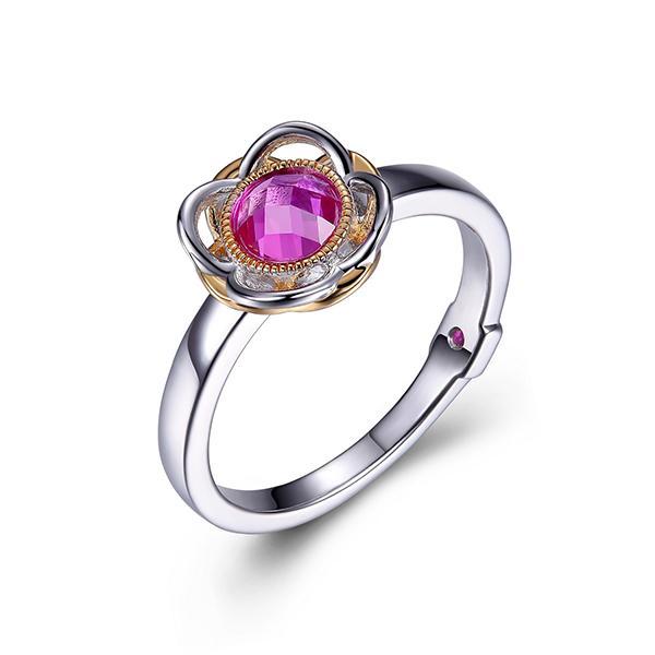 RR4LA4K52-W-7 Sterling Silver ROMANCE Simulated Pink Corundum Flower Two Tone Ring Size 7