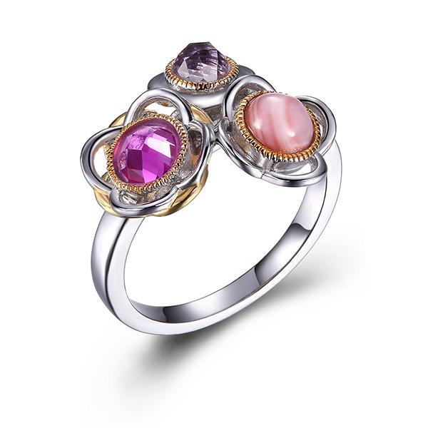 RR4LA4L97-2T-8 Sterling Silver Pink Mother of Pearl Simulated Corundum and Amethyst Bouquet Two Tone Ring Size  8