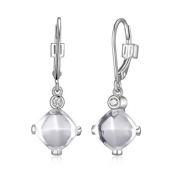ER2LCEVAV-W Sterling Silver MARBLE Synthetic White  Quartz Cushion Cut Cubic Zirconia Dangle Earrings