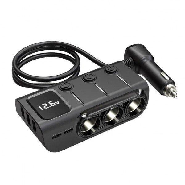 20W Car Lighter: USB PD Fast Charge, 3-Socket Splitter with Independent Switch GC01 for Universal Cell Phone, Device and More - Black
