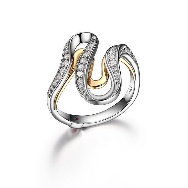 RR4LA7M00-2T-6 Sterling Silver Cubic Zirconia Two Tone Wave Ring Size 6