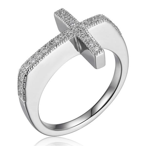 RR4L89100-W-7 Sterling Silver HUMANITY Cubic Zirconia Sideways Cross Ring Size 7