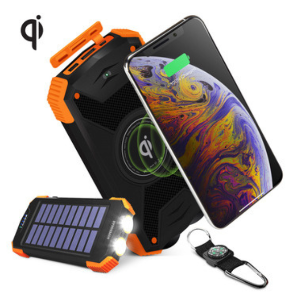 MS53095 Powerbank 10000mAh 2 Port USB-A USB-C Rugged Solar Qi Charging Dual LED Flashlight Carabiner Strap with Compass Rapid Charge 3 Devices