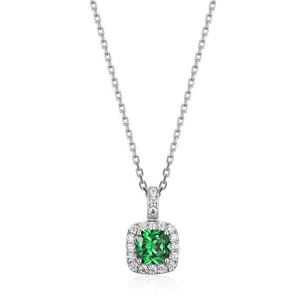 NR3LAKU09-W-17 Sterling Silver RADIANCE 6mm Cushion Green Zirconia Halo Necklace Size 17
