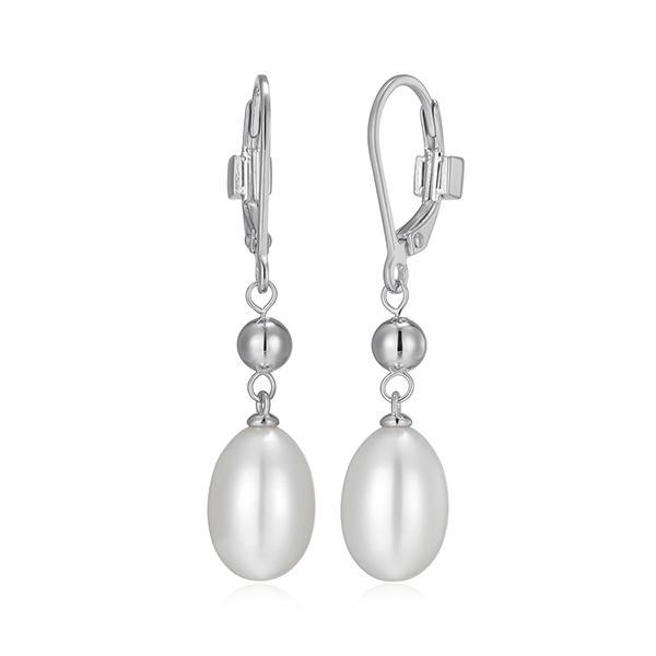 ER2LCU745-W Sterling Silver GENESIS Oval White Pearl and Bead Leverback Drop Earrings