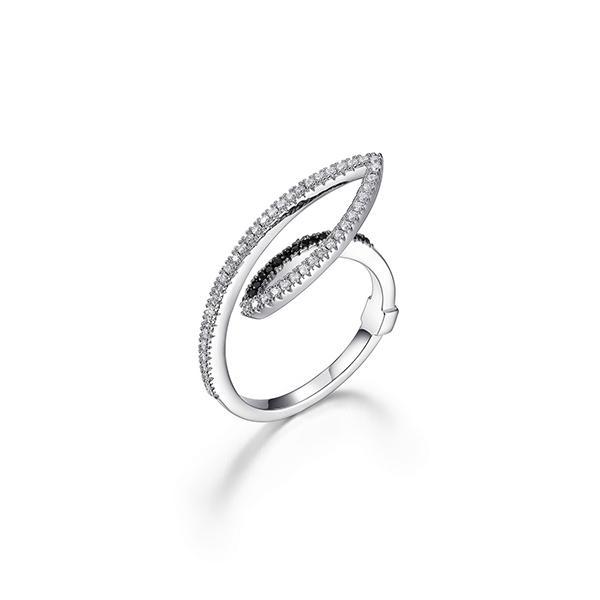 RR4LA73GK-W-6 Sterling Silver Black Nano and White Cubic Zirconia Overlap Ring. Size 6
