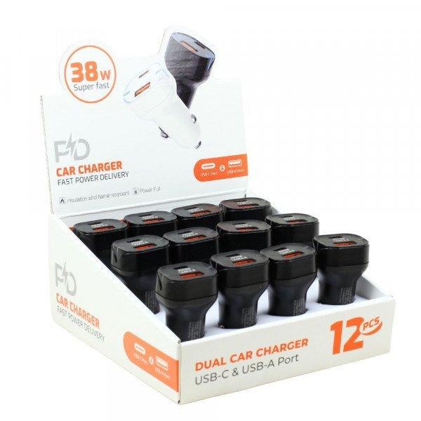 12pc Countertop Display 38W Dual Port USB-A and Type-C Fast Charging Car Charger Adapter for Universal Cell Phone, Device and More - Black