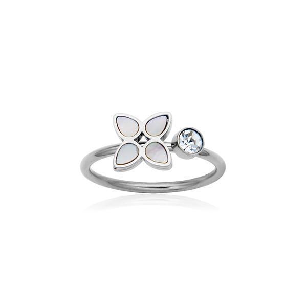 CJ STEELX Mother of Pearl Clover and Cubic Zirconia Ring - Silver - Size 7