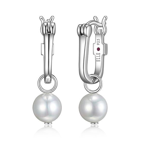 ER2LCFYBG-W Sterling Silver GEM CLIP White 6mm Shell Pearl Drop Hoop Earrings
