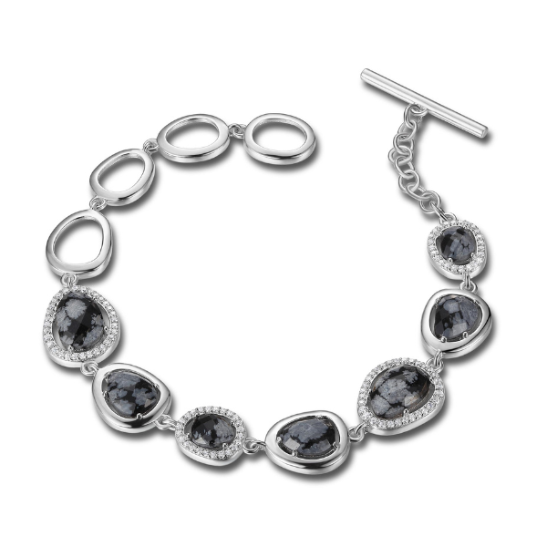 BR1LA6LA-W-7.5 Halo Snowflake Obsidian  Cubic Zirconia Toggle Bracelet Size 7.5
