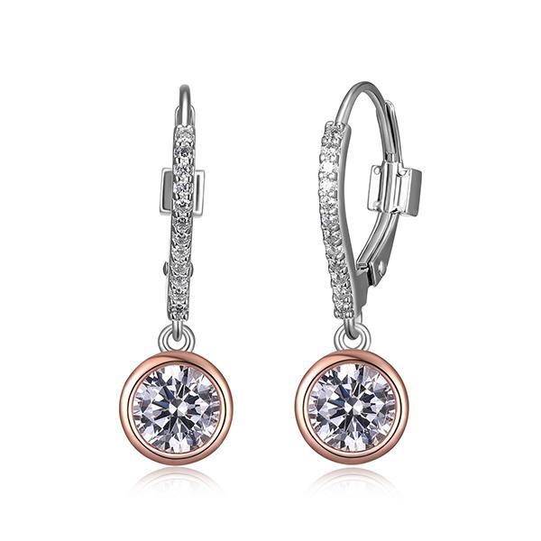 ER2LCDS96-2T Sterling Silver SPHERE Bezel Set with Cubic Zirconia Two Tone Drop Earrings
