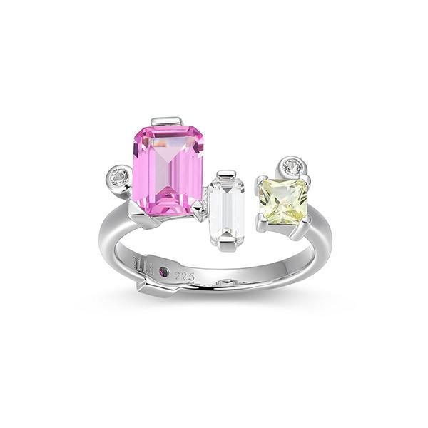 RR4LAJX52-W-6 Sterling Silver PUZZLE Multi Color Created Sapphire and Pink Alexandrite Ring Size 6