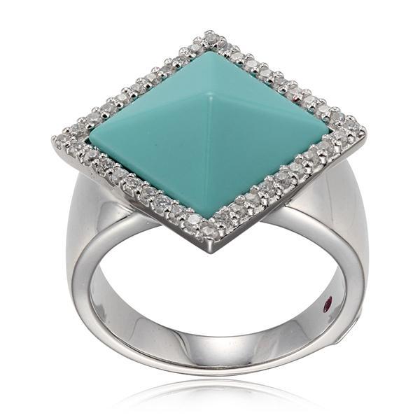 RR4L908AZ-W-9 Sterling Silver NEFER Synthetic Turquoise and Cubic Zirconia Pyramid Ring Size 9
