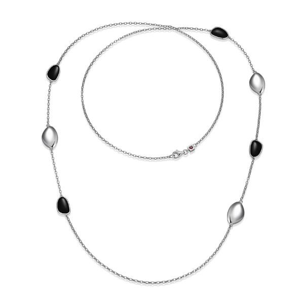 NR0LBVD2-W Pebble Black Agate Long Station Necklace