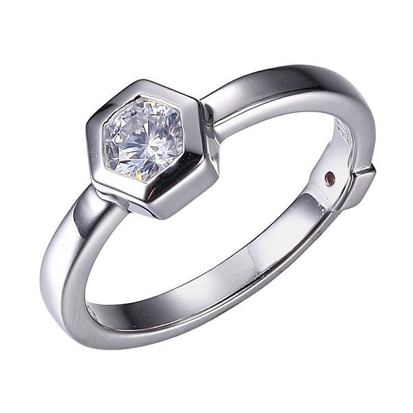 RR4LA8Q00-W-7 Sterling Silver Hexagon Cubic Zirconia Solitaire Ring Size 7