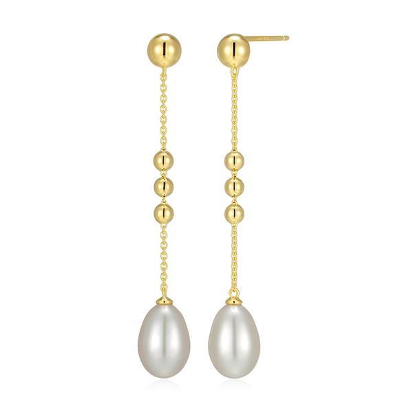 E32LCU845-Y Sterling Silver GENESIS Oval White Pearl and Silver Bead Dangle Stud Earrings