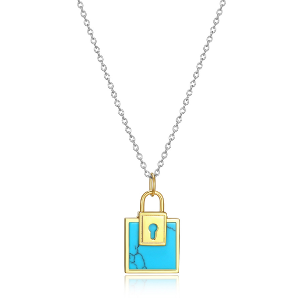NR0LBLGA-2T Lock and Key Created Turquoise Pendant Two Tone Necklace