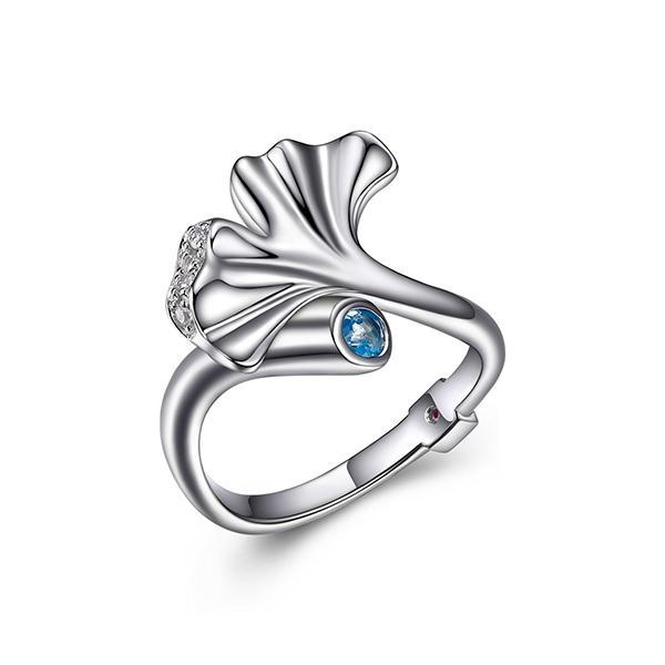 RR4LA9M12-W-8 Sterling Silver Genuine Blue Topaz Ginkgo Open Ring Size 8