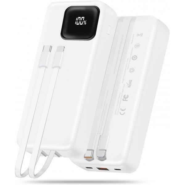 20000mAh Fast Charging Portable Power Bank Battery Charger with Built-in USB-C & Lightning Cable & LED Display for Universal Cell Phone And Devices - White