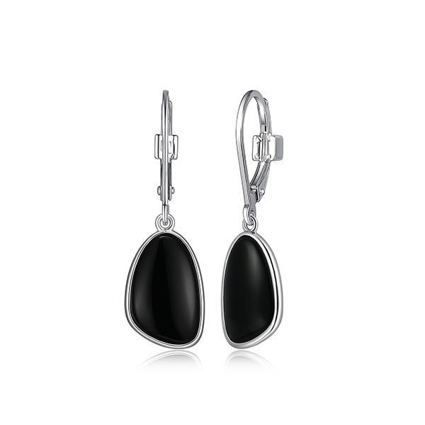 ER2LCQM27-W Sterling Silver PEBBLE Black Agate Triangle Leverback Earrings