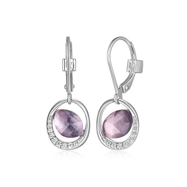 ER2LCRMGV-W Sterling Silver TREASURE White Crystal and Amethyst Doublet Oval Stone with Cubic Zirconia Stud Earrings