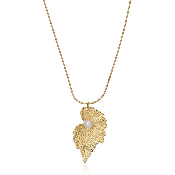 CJ STEELX Leaf Pendant with 8mm Mother of Pearl Necklace Size 18 - Gold