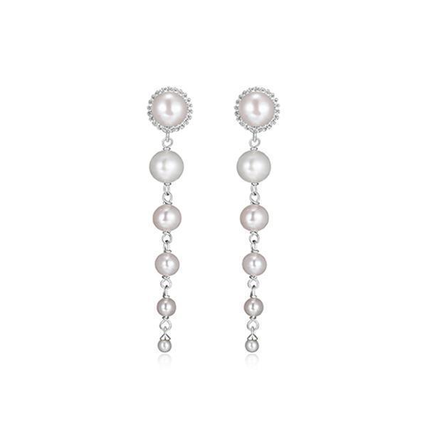Diamondlite Cubic Zirconia Cascading Genuine White Pearl Long Drop Earrings in Sterling Silver - SIlver