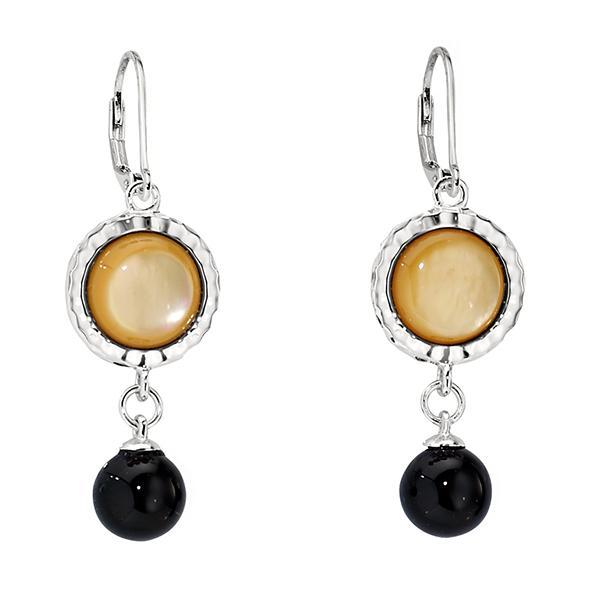 ER2LBCMA9-W Sterling Silver  Round Black Agate and Yellow Mother of Pearl Leverback Earrings