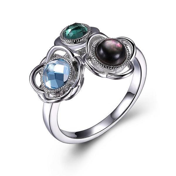 RR4LA4L95-W-8 Sterling Silver Blue Topaz Grey Mother of Pearl and Simulated Green Quartz Bouquet Ring Size 8
