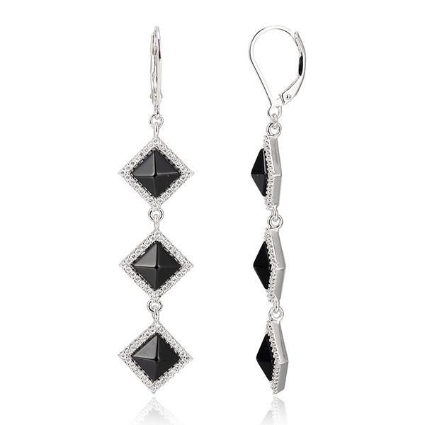 ER2LBP127-W Sterling Silver Black Agate and Cubic Zirconia Triple Pyramid Leverback Earrings