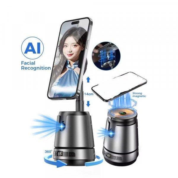 360° Rotating Magnetic Phone Holder Stand with AI Facial Recognition & Face Tracking for Stable, Hands-Free Recording - Black